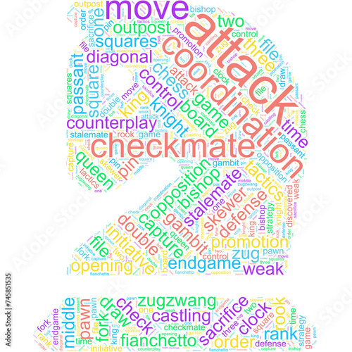 Word cloud with terms related to chess in the form of a chess piece (Knight) with colorful horizontal, diagonal, and vertical text and a transparent background