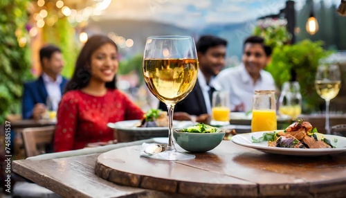 at a table in a street cafe - a glass of white wine is in focus, the background with people and a beautiful view are blurred