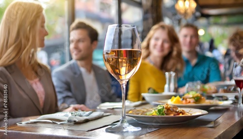 at a table in a restaurant  meeting of friends or corporate event  - a glass of white wine is in focus  the background with people is blurred
