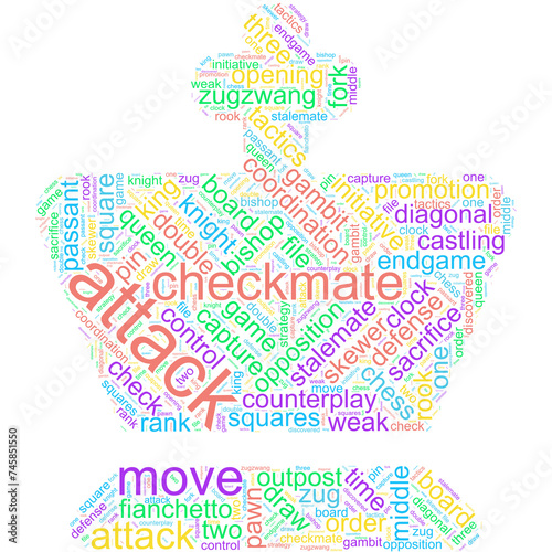 Word cloud with terms related to chess in the form of a chess piece (King) with colorful horizontal, diagonal, and vertical text and a transparent background