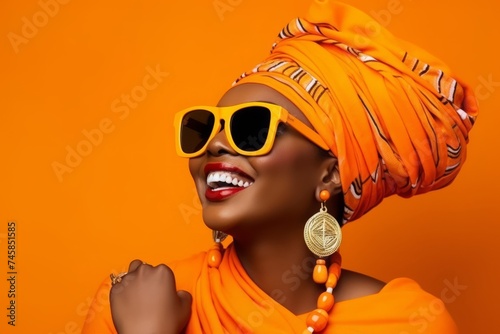 Beautiful african american woman in orange turban and sunglasses photo