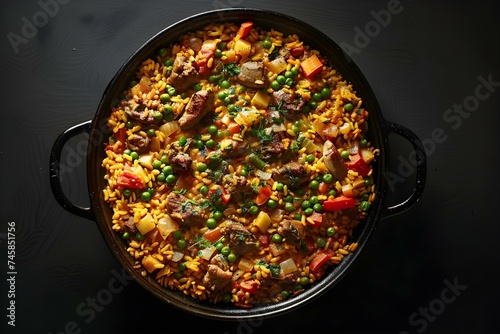 Paella on a black background top view Spanish Cuisine. Concept Spanish Cuisine, Paella, Top View, Black Background, Food Photography