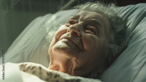 Senior female patient smiling lying on a hospital bed, elderly people health care concept