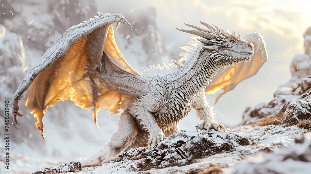 Fantasy dragon with large, sharp wings stands on the top of the mountain Fantasy dragon with large, sharp wings stands on the top of the mountain
