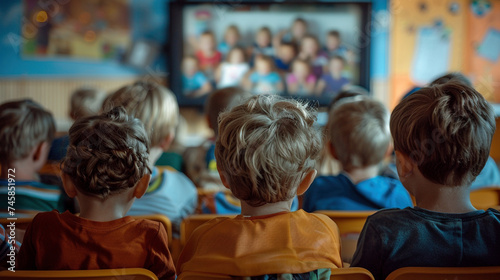 Group of Children Attentively Watching Educational Show