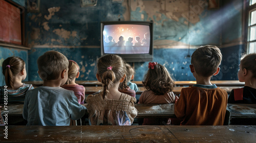 Children Watching Television Together in a Rustic Classroom