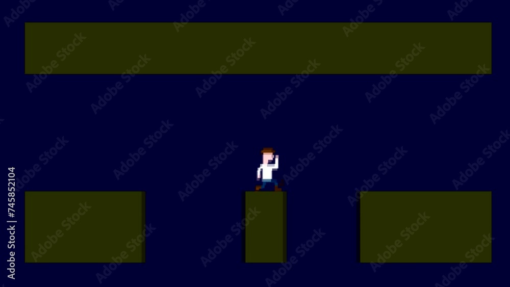 Old style game animation of a man running, jumping in caves, vintage, pixel art. Old style game animation of a man running, jumping in caves, vintage, pixel art.
