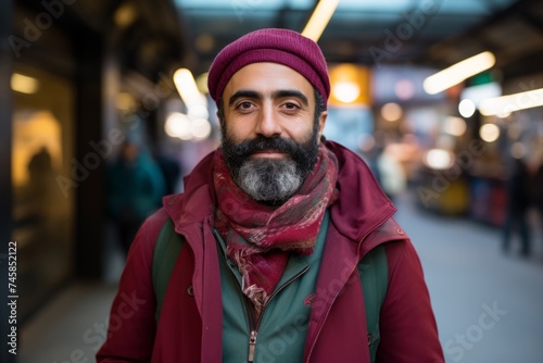 Portrait of a handsome bearded Indian man wearing a hat and scarf