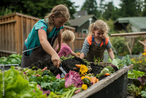 Families composting food waste vegetable, Family Composting Adventure - Recycling Joy, Environmental Responsibility, and Togetherness with Food Waste