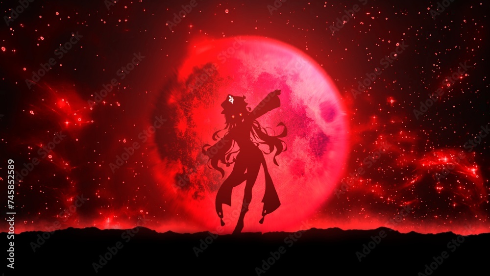 Anime character on the background of the moon, fire, anime wallpaper, illustration 