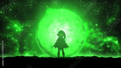 Anime character on the background of the moon, grass, wallpaper, illustration 