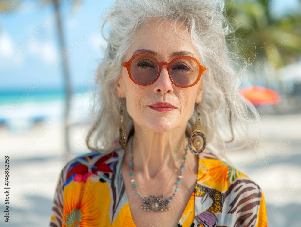 Close-up of a sophisticated elder lady with stylish sunglasses at a beach with clear skies in the background Close-up of a sophisticated elder lady with stylish sunglasses at a beach with clear skies in the background