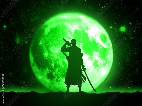 Anime character against the background of a green moon, anime background