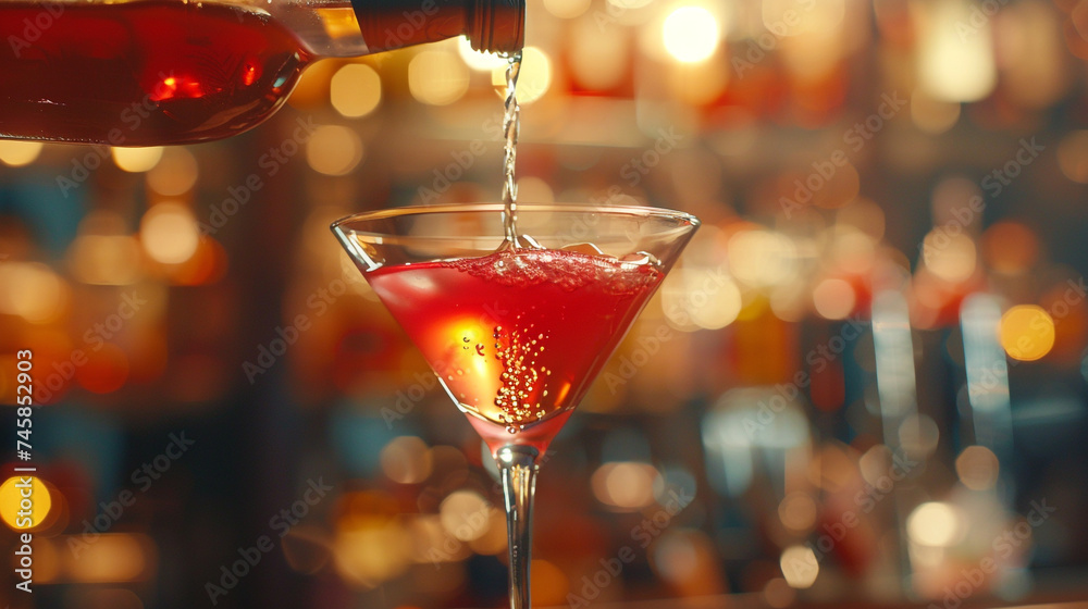 A detailed perspective of a bartender expertly pouring vodka cosmopolitan into a martini glass, showcasing the cocktail's delicate balance of ingredients and elegant presentation. - obrazy, fototapety, plakaty 