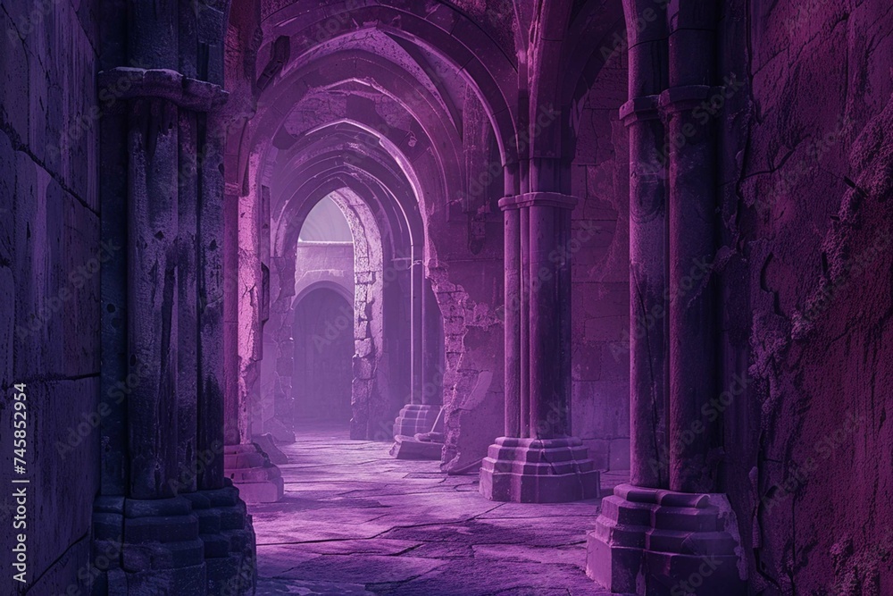 Interior of a medieval castle, game scene, shades of purple, fantasy concept.