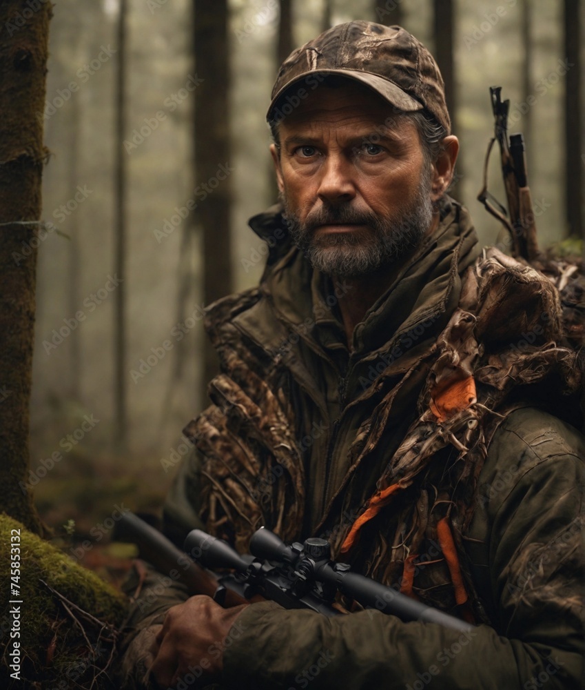 one hunter looking directly at his friend nest to him while in the forrest, man in his 40's wearing modern hunting clothes