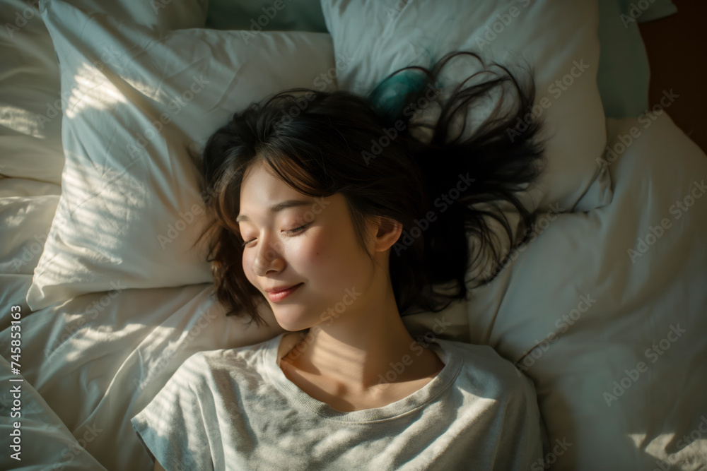 Smiling Asian woman sleep peacefully rests on bed, sleeping in her bedroom, embodying the beauty of relaxation at night, showcasing the joy of a tranquil moment, soft, banner Smiling Asian woman sleep peacefully rests on bed, sleeping in her bedroom, embodying the beauty of relaxation at night, showcasing the joy of a tranquil moment, soft, banner