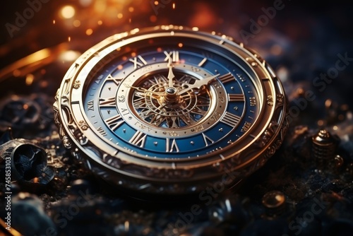 Futuristic abstract background featuring clock motifs symbolizing time and time travel technology