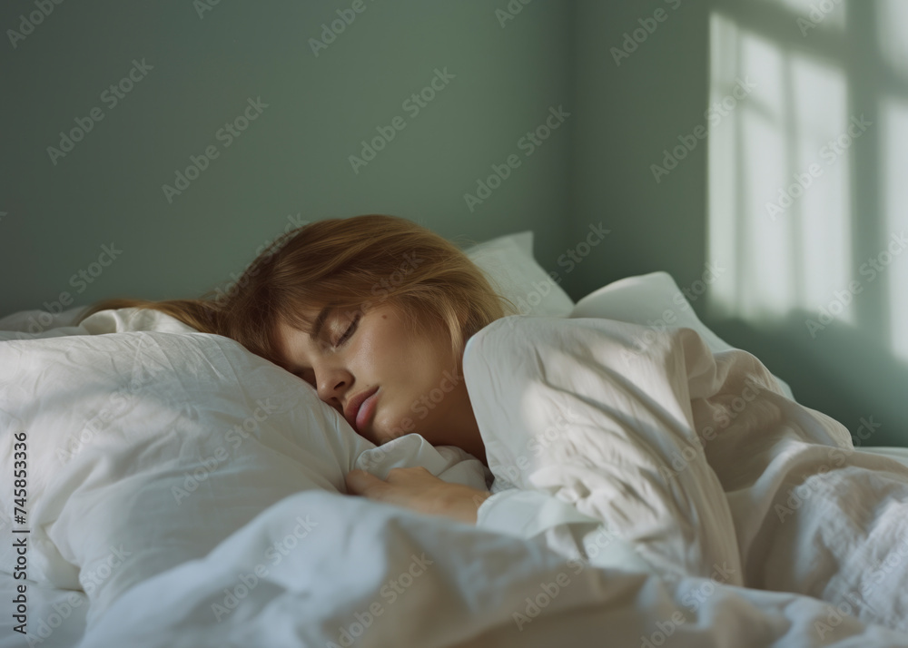 woman sleep peacefully rests on bed, sleeping in her bedroom, embodying the beauty of relaxation at night, showcasing the joy of a tranquil moment, soft, banner woman sleep peacefully rests on bed, sleeping in her bedroom, embodying the beauty of relaxation at night, showcasing the joy of a tranquil moment, soft, banner