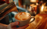 Closeup barista hand making coffee in cup on a blurred coffeeshop background