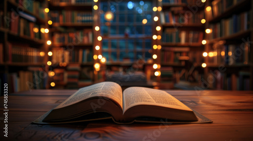 Open magic book with magic light on vintage background. open book on the background of an old library.