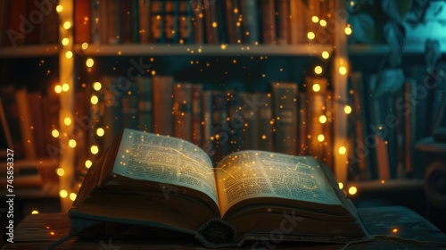 Open magic book with magic light on vintage background. open book on the background of an old library.