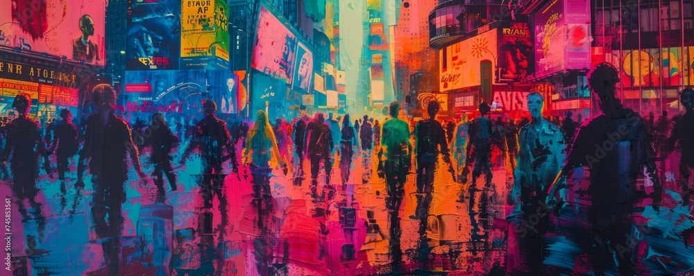 A vibrant pop art background with a twist of horror: Imagine a chaotic cityscape bathed in neon colors, reminiscent of classic comic book panels.
