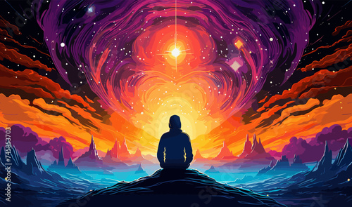 Meditation Under Psychedelic Skies isolated vector style illustration