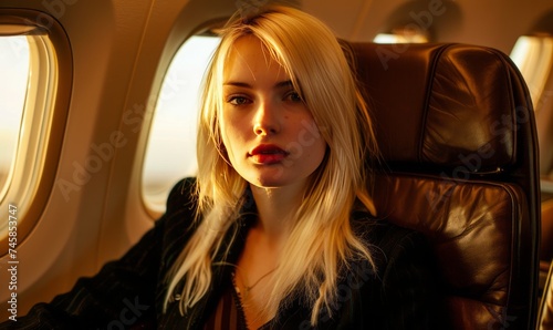 Beautiful young woman in airplane business class generated AI © Tatiana