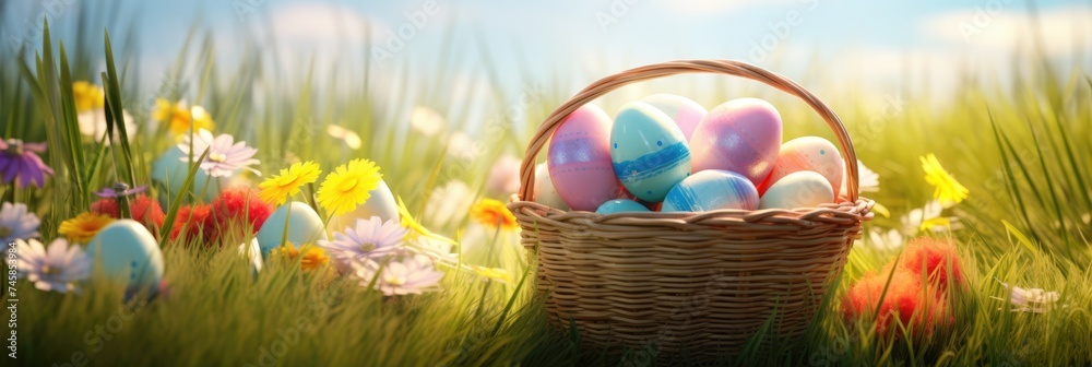 Wicker basket with Easter eggs in the grass against the blue sky, space for text. Banner design