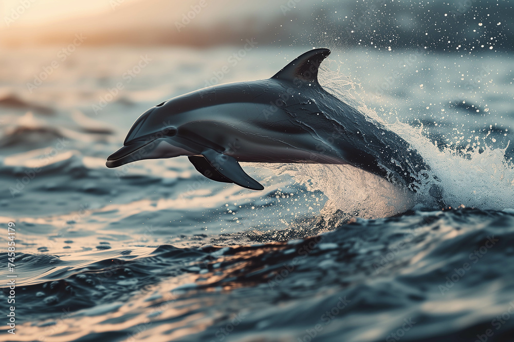 Fototapeta premium Dolphins gracefully jump on the surface of the ocean.