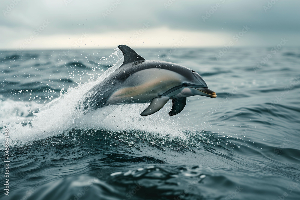 Fototapeta premium Dolphins gracefully jump on the surface of the ocean.