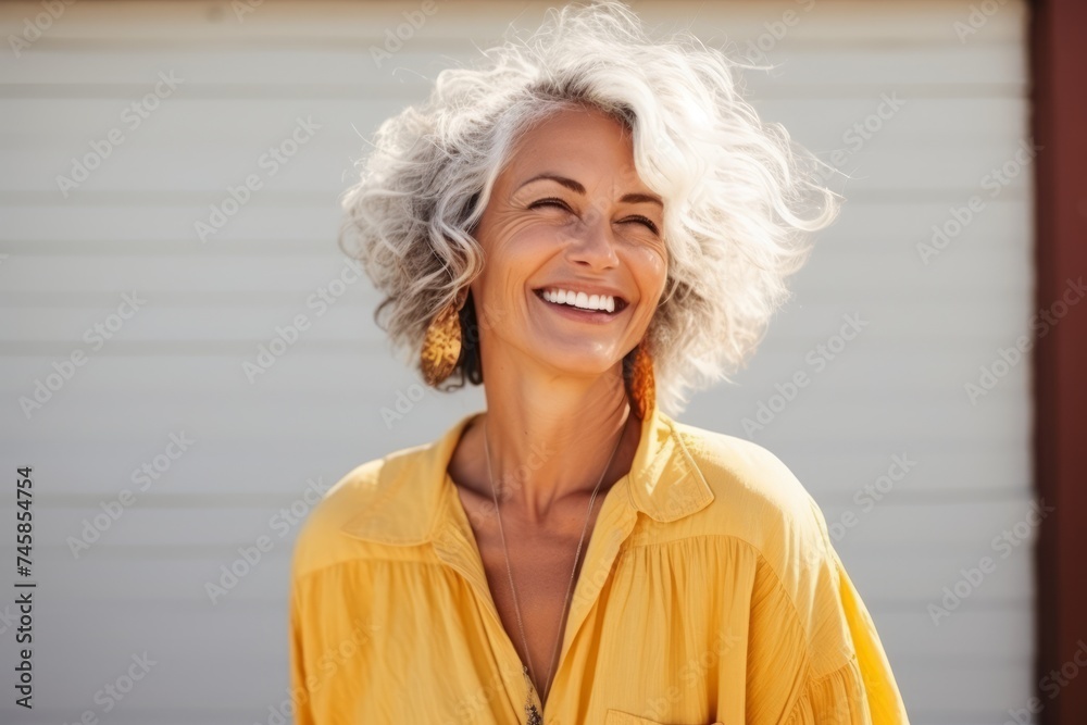 Closeup portrait of a happy senior woman smiling outdoors, with copy space