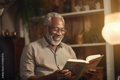 Cheerful African American man holding a book and sitting on a sofa at home.
