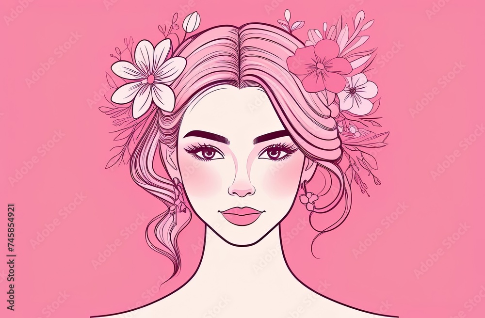 Facial contour of a girl with flowers in her hair on a pink background, logo
