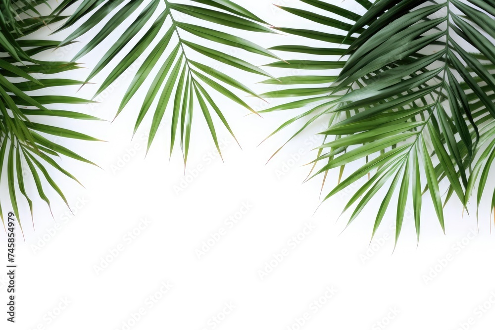 Fototapeta premium Tropical palm leaves on a white background. Summer concept. Flat lay, top view, copy space. mockup