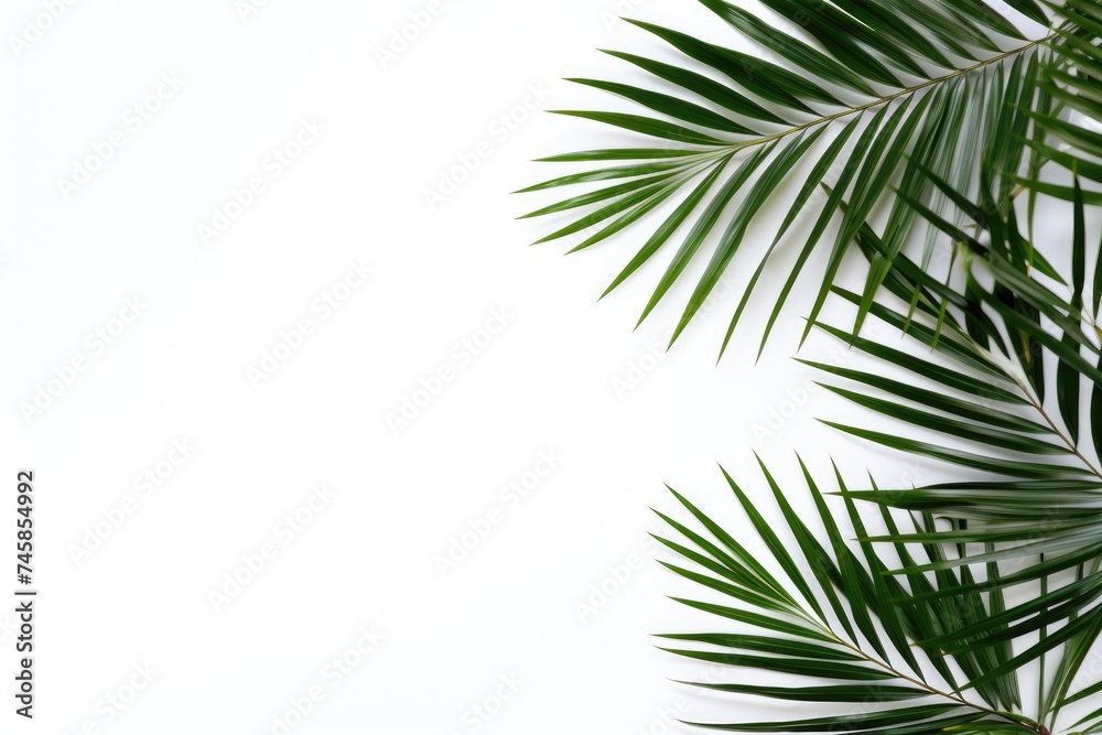 Tropical palm leaves on a white background. Summer concept. Flat lay, top view, copy space. mockup Tropical palm leaves on a white background. Summer concept. Flat lay, top view, copy space. mockup