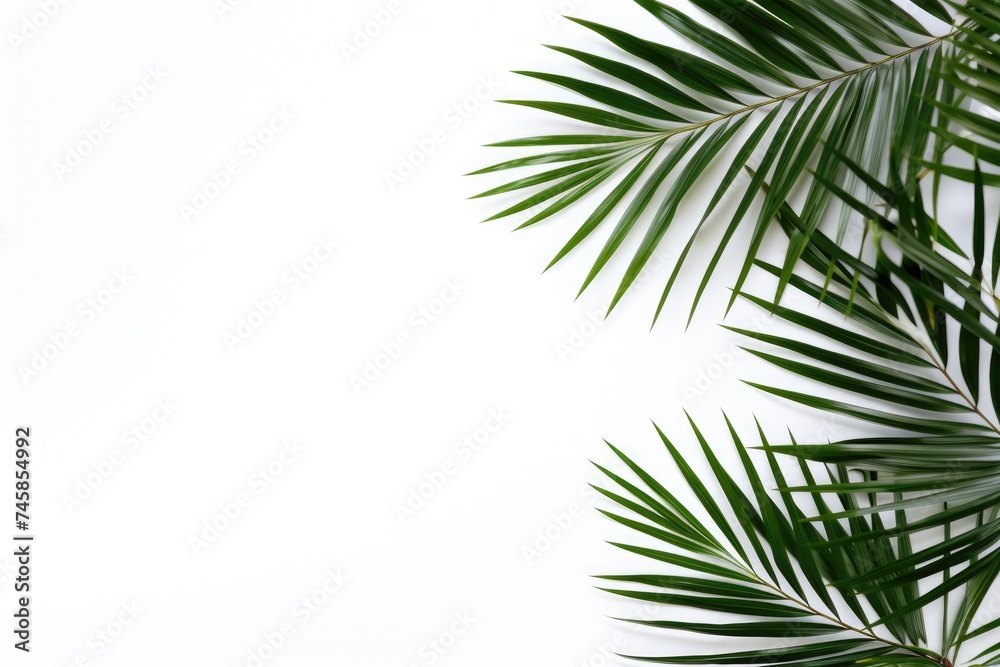 Tropical palm leaves on a white background. Summer concept. Flat lay, top view, copy space. mockup