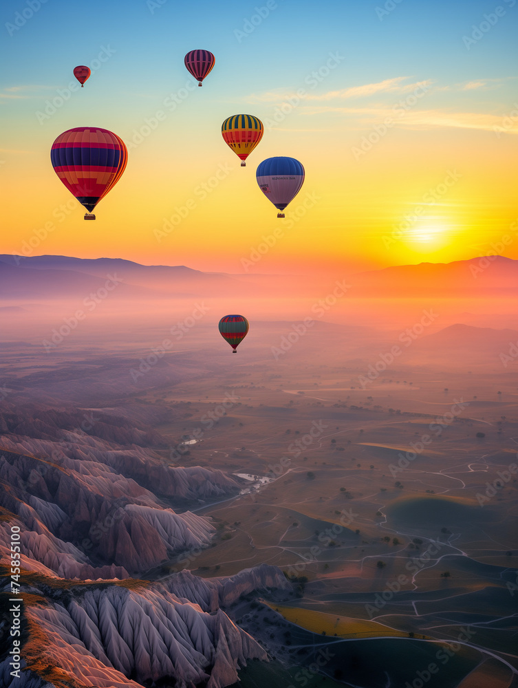 various hat air ballons over barren landscape as sunrise or sunset. hot air balloon at sunrise