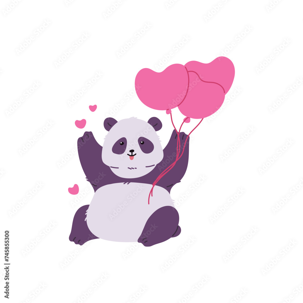 Cute happy panda bear sitting and holding heart shaped balloons Cute happy panda bear sitting and holding heart shaped balloons