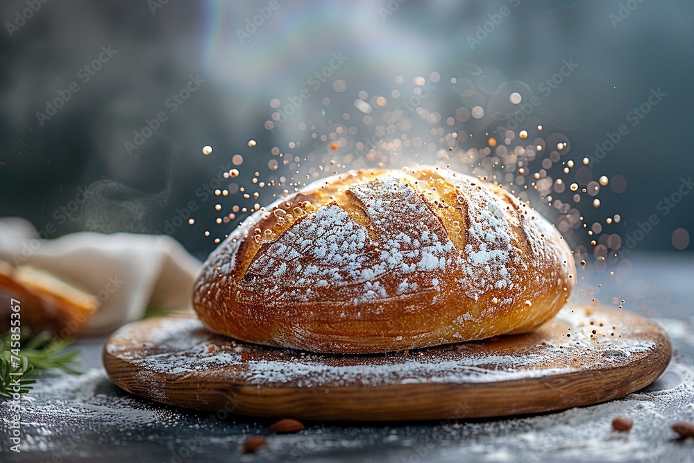 Artisan Sourdough Bread with Flour Dusting on Wooden Board Artisan Sourdough Bread with Flour Dusting on Wooden Board