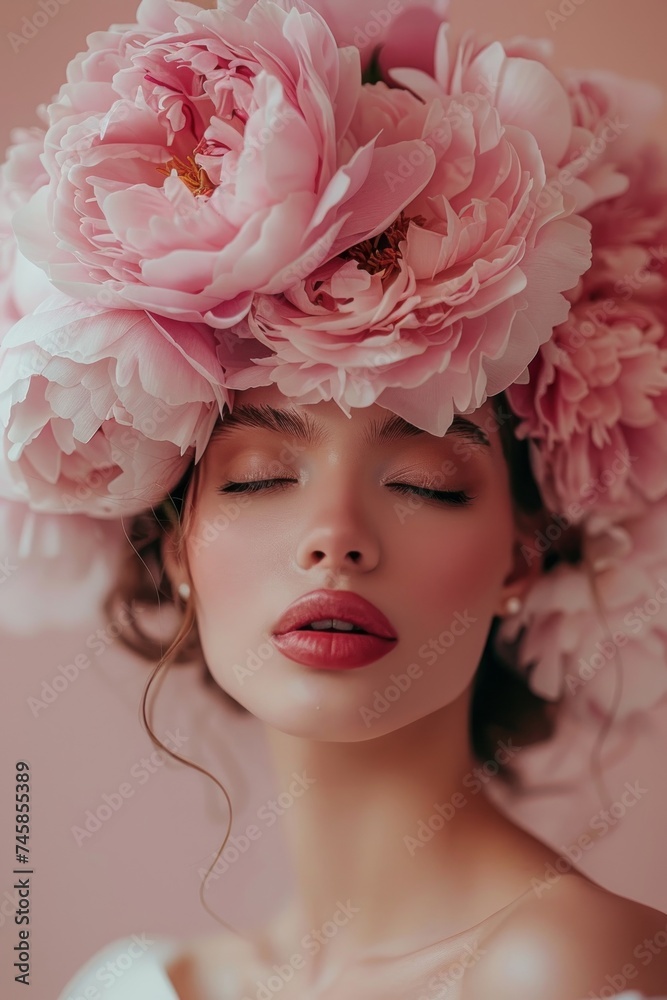 A portrait of a woman with large pink peony flowers covering her head, evoking a dreamy and artistic atmosphere