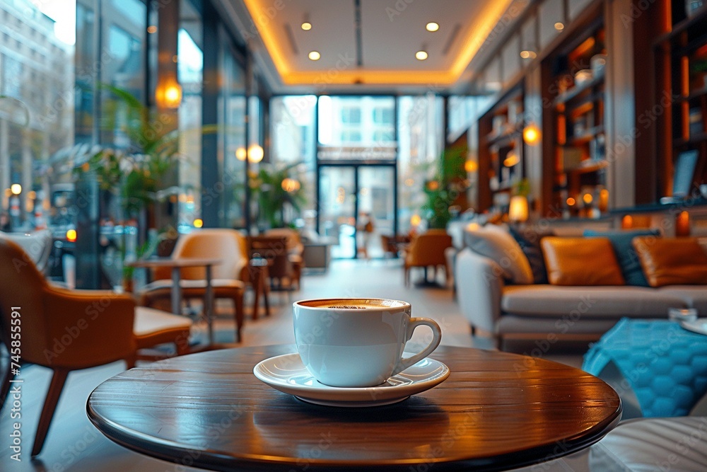 Elegant Urban Cafe with Classic White Coffee Cup on Table Elegant Urban Cafe with Classic White Coffee Cup on Table