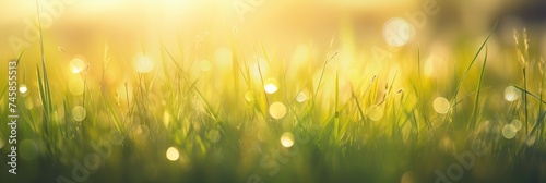 summer background with grass and bokeh. panorama, banner with blurred natural background