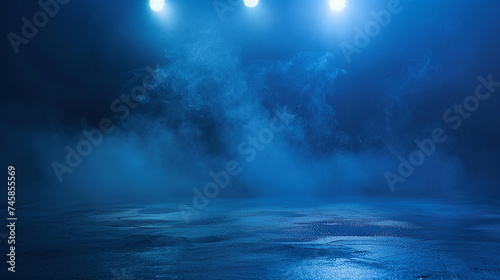Dark blue background, an empty dark scene, neon light, A dark empty street, spotlights The asphalt floor and studio room with smoke
