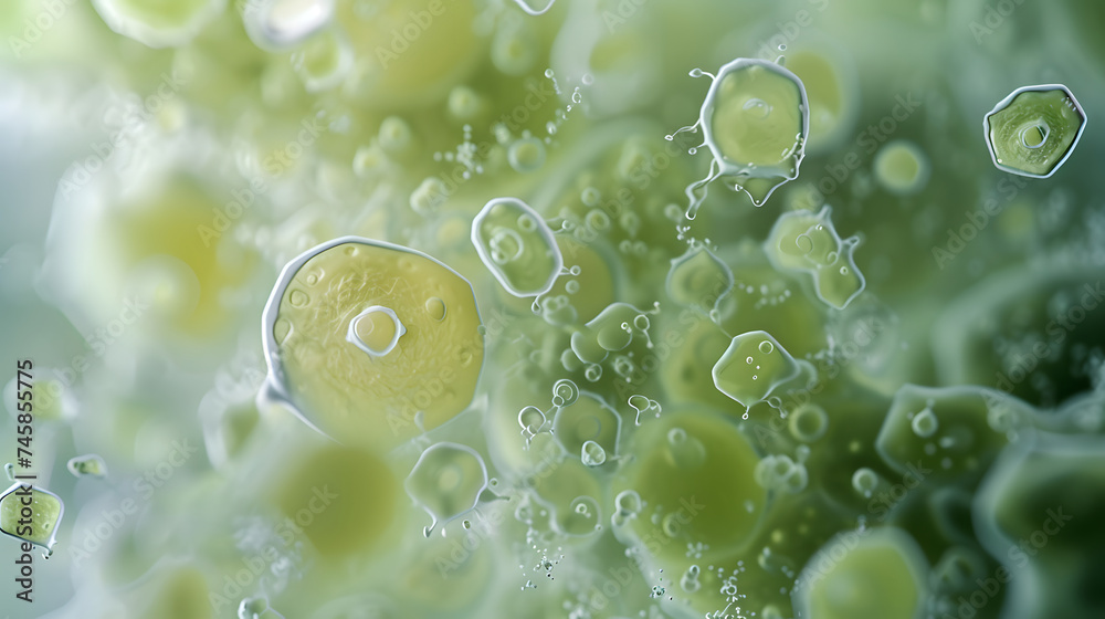 Microscopic View of Green Cell Structures and Bubbles
