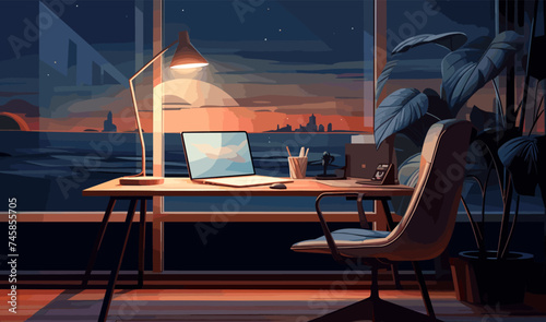 modern interior contemporary workspace with chair table laptop lamp, vector illustration