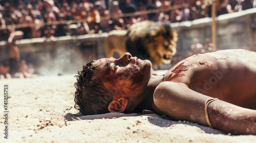 A boy gladiator faces a lion in the colosseum arena in ancient RomeBut sometimes hungry animals fought against gladiators in contests called venationes ,wild beast hunts.