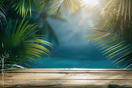 Blank summer vacation background. Horizontal travel banner for promotional products. Wooden tabletop in front, blurry paradise. Panorama