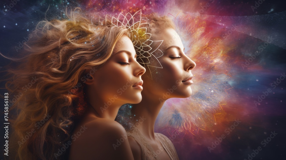 Women connecting to high female energy, on colourful background with pink and yellow colours Women connecting to high female energy, on colourful background with pink and yellow colours
